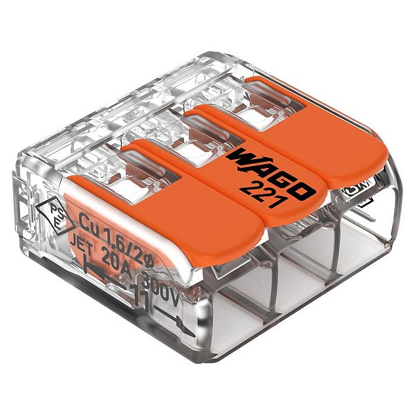 Conector de Emenda 3 Polos 4MM 221-413 32A 4 Peças Wago