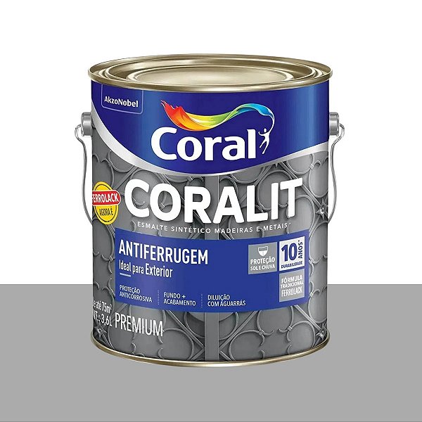 Tinta Esmalte Sintético Brilhante Coralit Antiferrugem Platina 3,6L - Coral