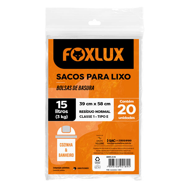 Saco para Lixo Pia/Banheiro 39 x 58cm Branco 20 Unidades Foxlux