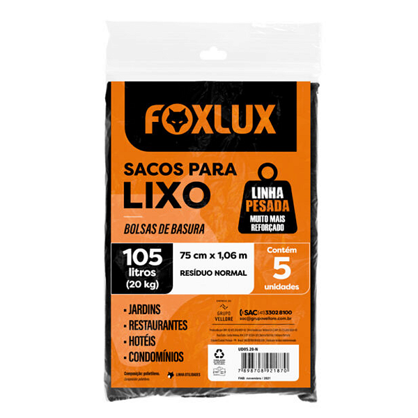 Saco para Lixo 105L 75 x 106cm 5 Unidades Reforçado Foxlux