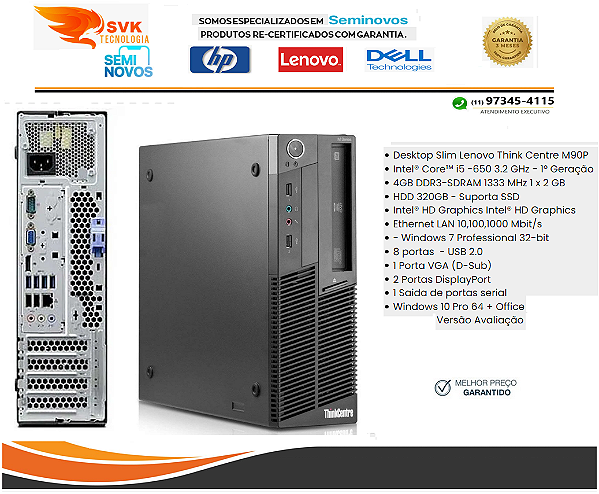 Desktop Slim Lenovo Think Centre M90P  - Processador  i3 - 1° geração - Memória 04 GB DDR3 - HDD 320GB - Semi Nova