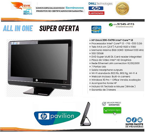 All in One Omini PC 200 Intel Core i3 - 1° Geração - Memoria 08GB - SSD 120GB - Tela Full hd 21,5' - Webcan e Wifi