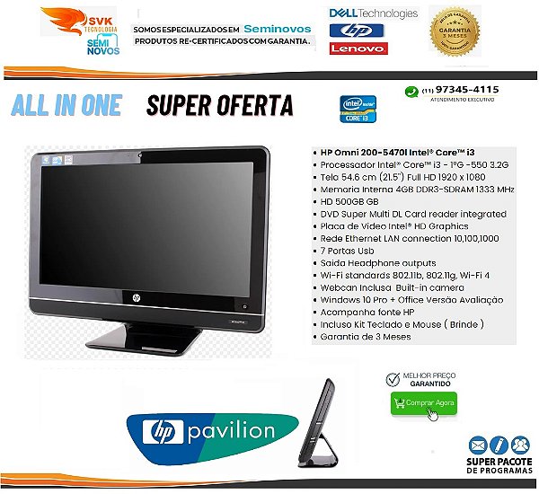 All in One Omini PC 200 Intel Core i3 - 1° Geração - Memoria 04GB - HD 500GB - Tela Full hd 21,5' - Webcan e Wifi