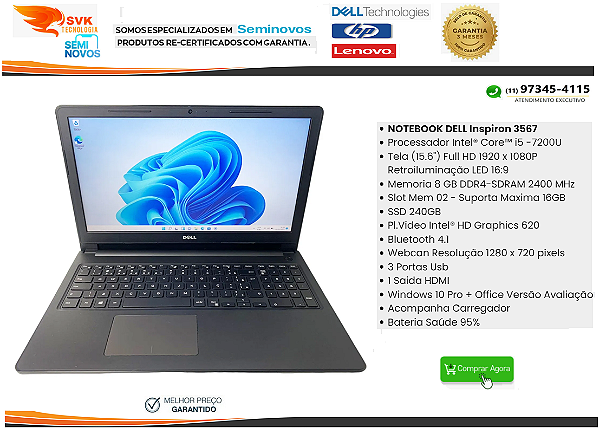 Notebook Dell DELL Inspiron 3567 - i5 - 7 Geração - 08GB Ddr4 -SSD ...
