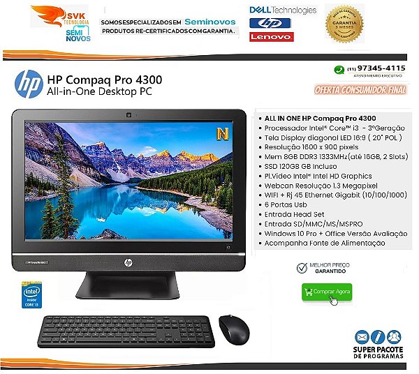 All in One HP Compaq PRO 4300 I3-3 Geração -  8GB Memoria - SSD 120GB  - Tela 20' Polegadas - Webcan - Wifi
