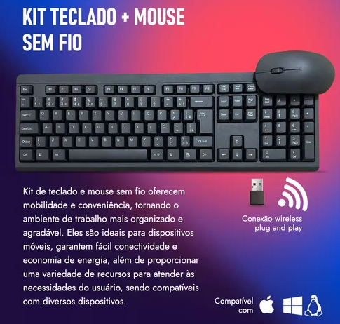 Kit Teclado Mouse Sem Fio Slim Computador Notebook Wireless Preto - Novo