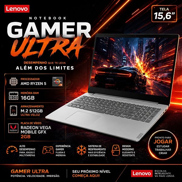Notebook Lenovo IdeaPad S145 - Processador AMD Ryzen 5 - Memória 16GB - M2 512 GB - Tela 15.6' Polegadas - 3X USB - HDMI - Teclado Alfa - Numérico - Placa de Video Radeon Vega Mobile GFX - 2 GB