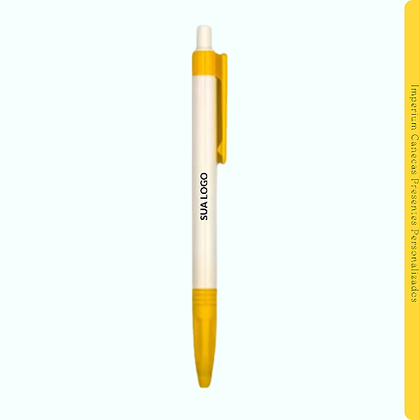 Kit 40 Canetas Esferográfica Branca Com Detalhe Amarelo