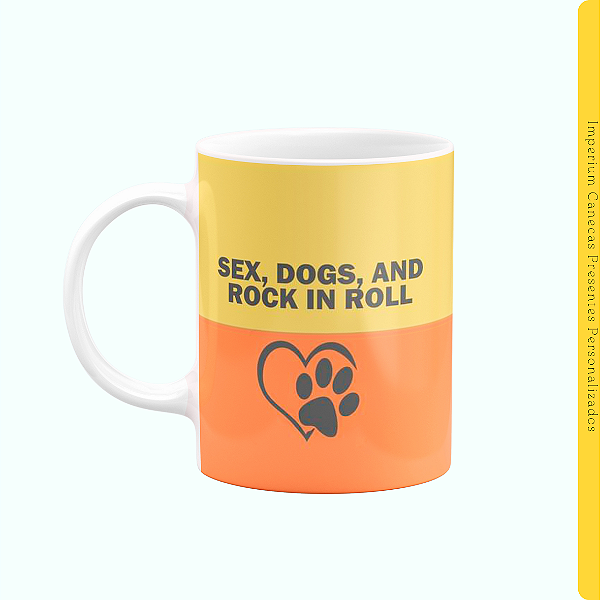 Caneca Branca Lisa 325ml - Sex, Dogs, and Rock in Roll