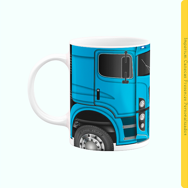 Caneca Branca Lisa 325ml - Caminhão Azul