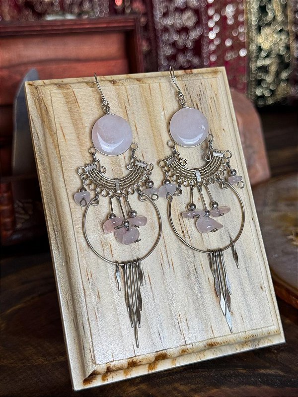 Brinco Hippie | Quartzo Rosa