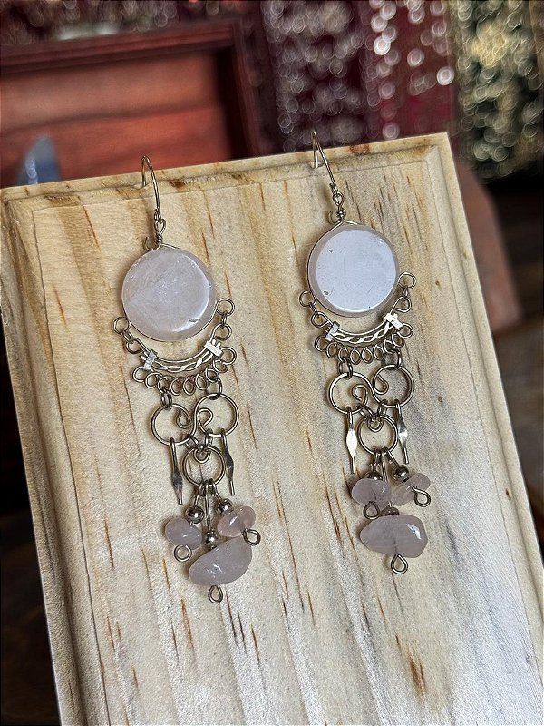 Brinco Hippie | Quartzo Rosa