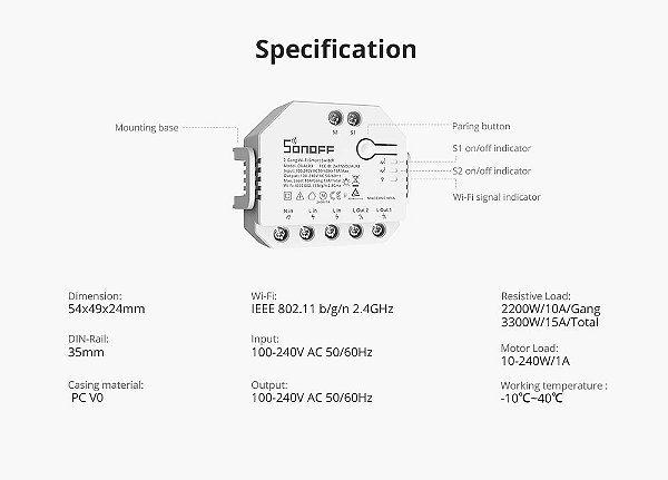 Sonoff Dual R3 - Interruptor inteligente, wi-fi - funciona com Alexa, Google Home e Siri