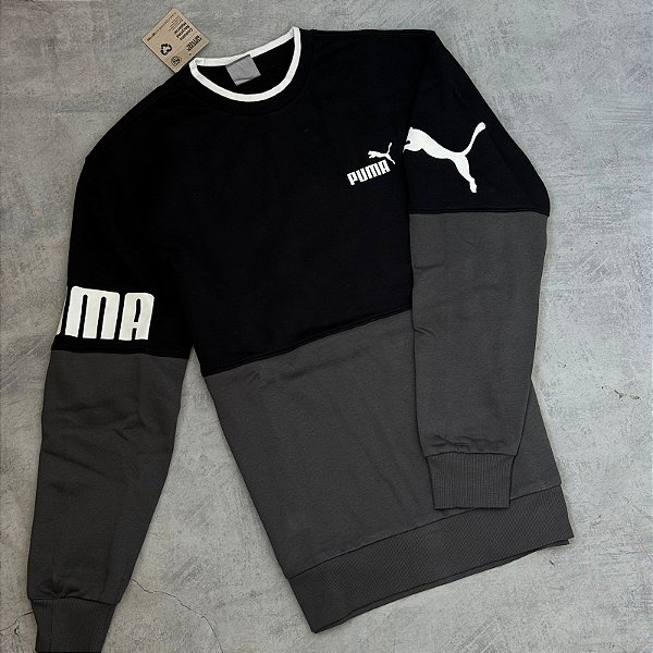 Moletom PUMA POWER Colourblock Crew 673322-01- Preto+Chumbo