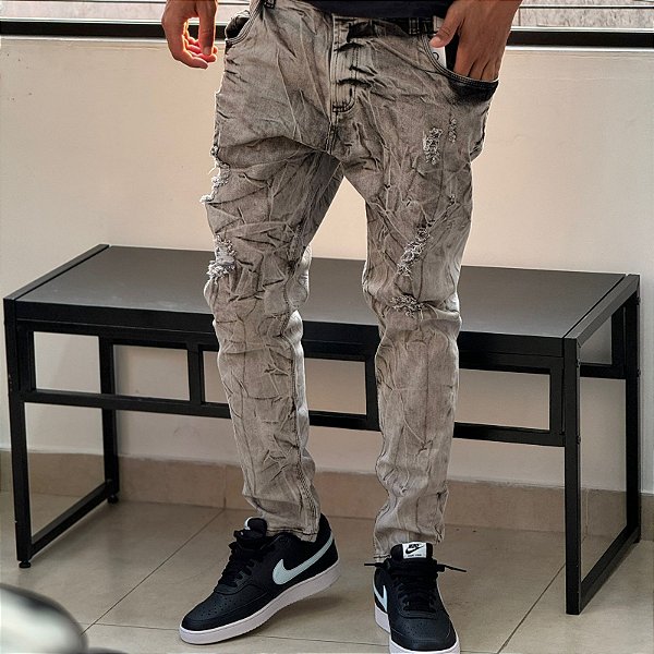 CALÇA JEANS MESCLA CINZA ESFUMAÇADA