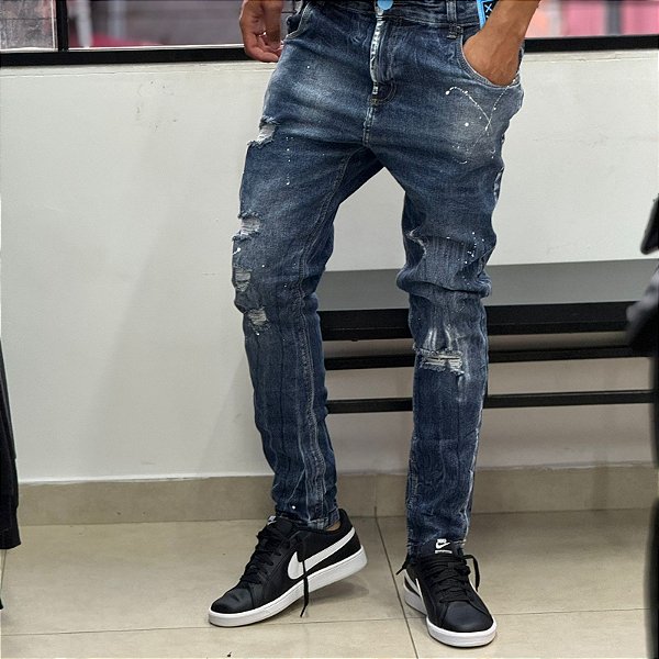Calça Brow  Jeans Azul + tintas