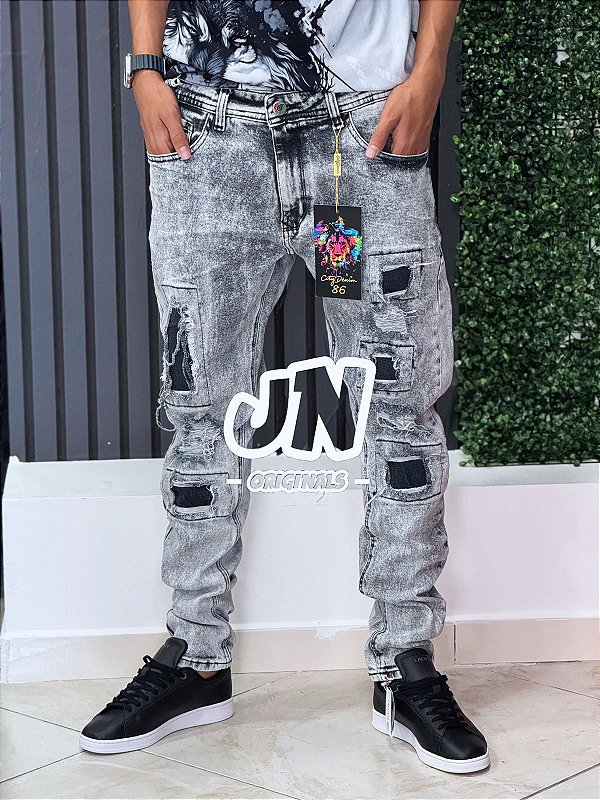 calça jeans skinny cinza patch- 0029