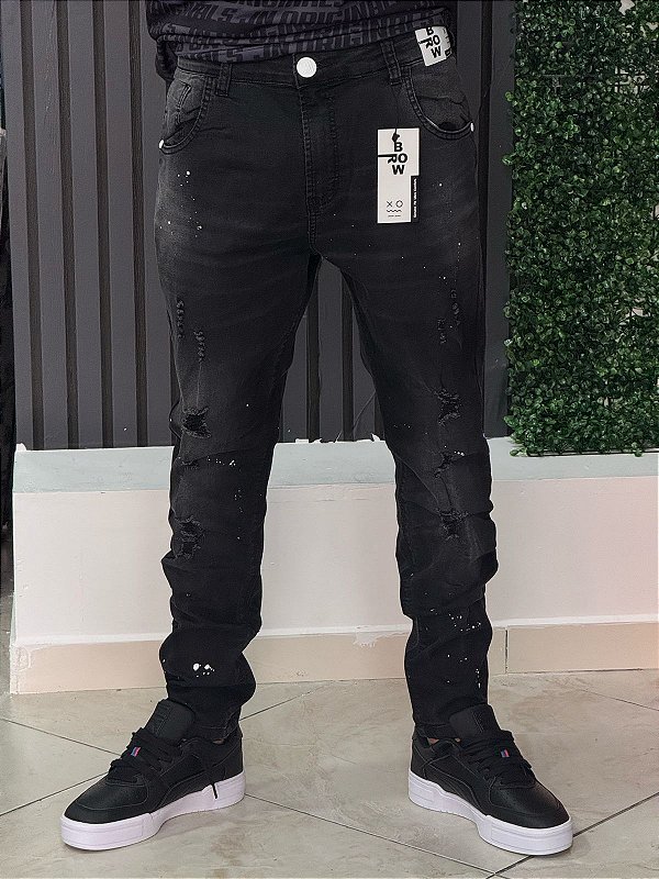 Calça Brow Jeans- Preta Respingos  Botão Branco