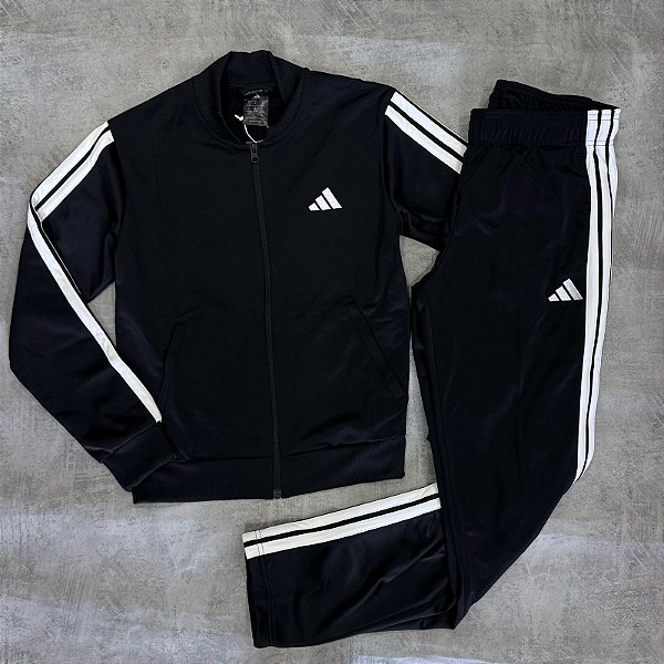 Conjunto Adidas 3 Stripes Track Suit Black Feminino