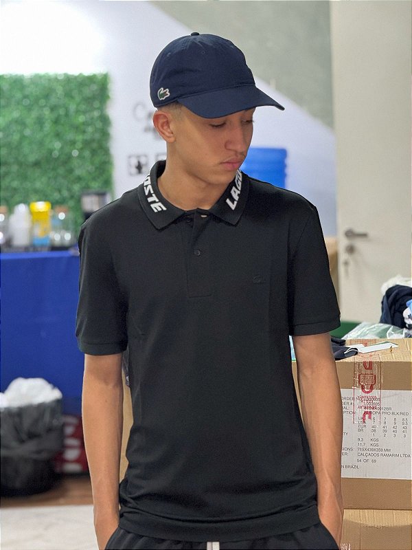 Polo Lacoste Masculina Slim Fit Gola assinalada - Preta