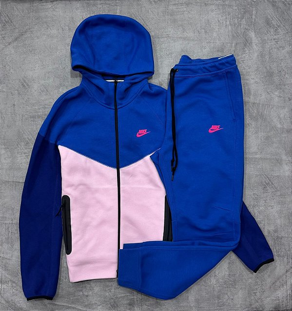 Conjunto nike tech fleece azul royal + rosa