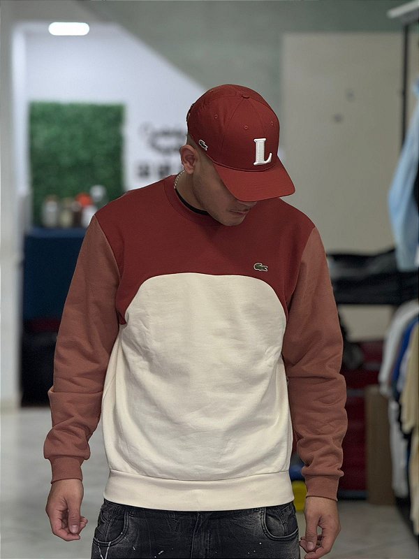 Moletom Lacoste Erkek Classic Fit Bisiklet - Vermelho + Bege