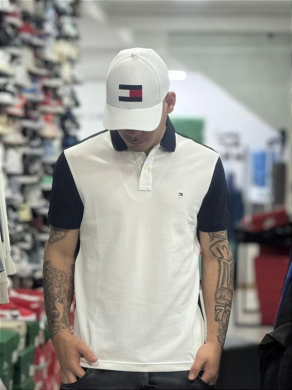 Polo Tommy Hilfiger Masculina Regular Piquet Colour-Blocked branca e azul