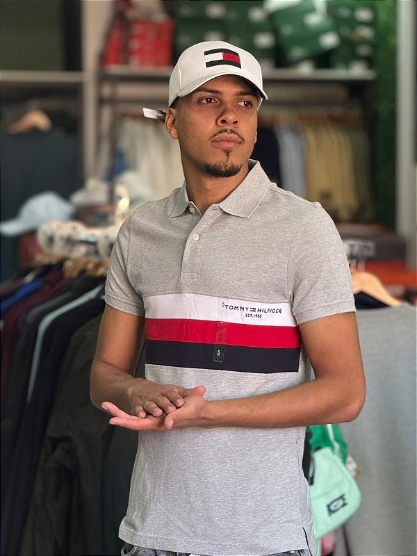 Polo Tommy Hilfiger Masculina Regular- CINZA\VERMELHO E AZUL