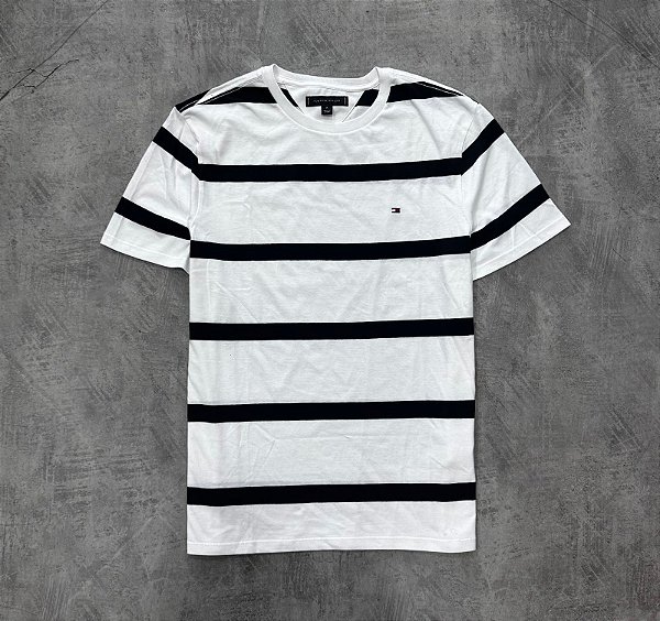 CAMISETA TOMMY HILFIGER LISTRADA- BRANCA/ AZUL MARINHO