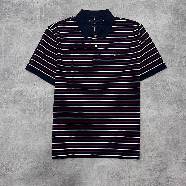 Camisa polo tommy hilfiger listrada - azul marinho + vermelho
