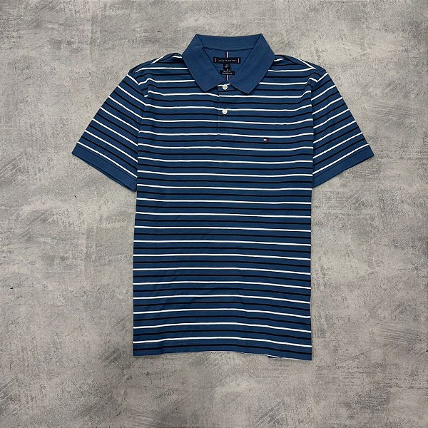 Camisa polo tommy hilfiger listrada - azul  + Branco