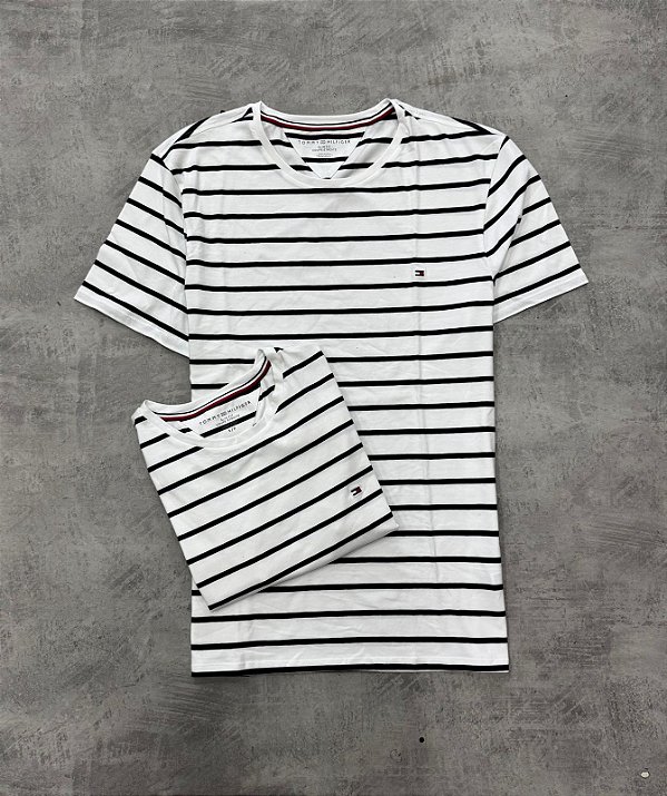CAMISETA TOMMY HILFIGER LISTRADA BRANCO/AZUL- 78JA565