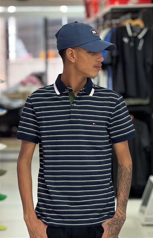 POLO TOMMY HILFIGER LISTRADA - AZUL MARINHO + VERDE