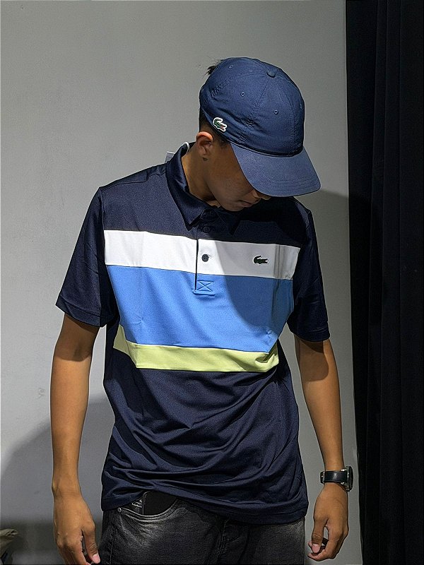 POLO LACOSTE SPORT LISTRADA AZUL MARINHO