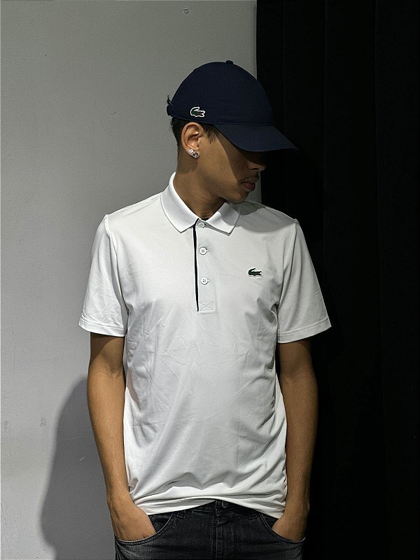 POLO LACOSTE SPORT- BRANCA DETALHE AZUL MARINHO