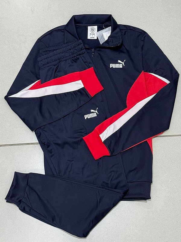 CONJUNTO PUMA ESS BLOCK POLY SUIT- AZUL MARINHO E VERMELHO
