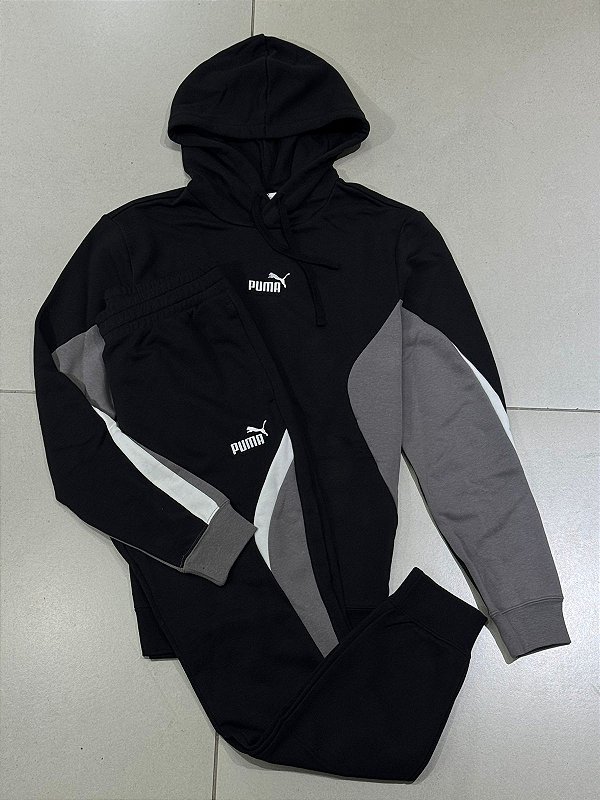 CONJUNTO PUMA ESS BLOCK HOODIE- PRETO E CINZA