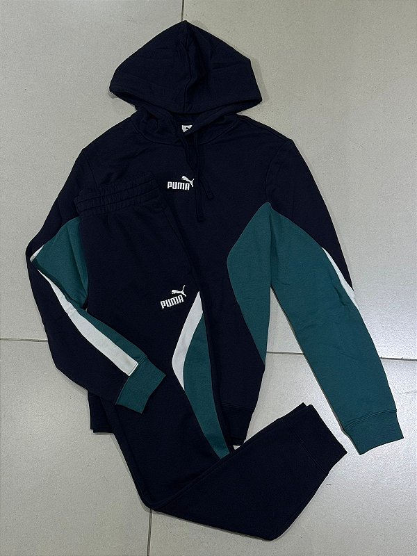 CONJUNTO PUMA ESS BLOCK HOODIE- AZUL MARINHO E VERDE