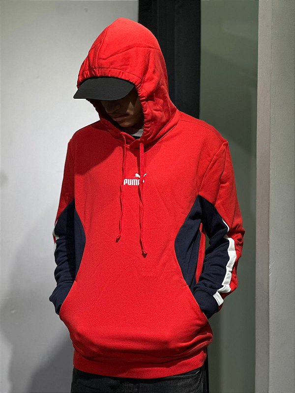 MOLETOM PUMA ESS BLOCK HOODIE- VERMELHO E AZUL MARINHO