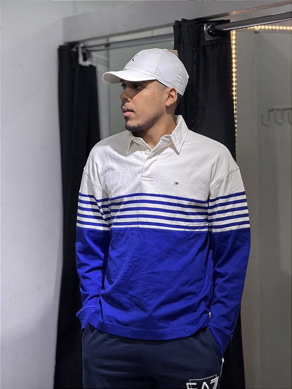 POLO TOMMY HILFIGER MANGA LONGA LISTRADA- BRANCA E AZUL ROYAL