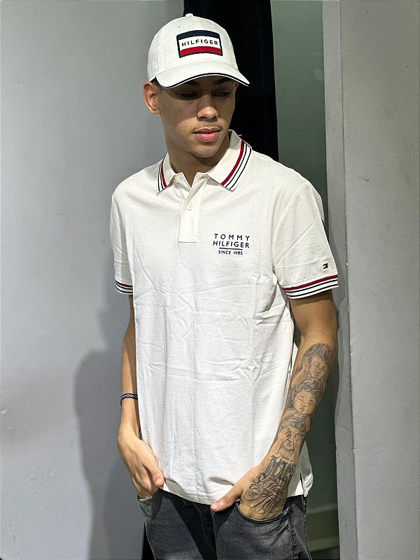 Camisa polo tommy hilfiger off white + vermelho -THMW0MW43379-Z00