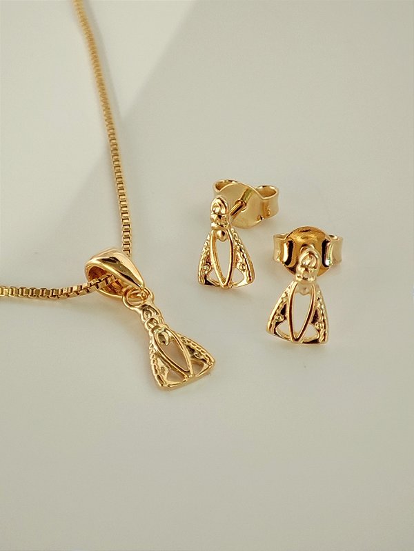Conjunto de brinco e colar com pingente de Nossa Senhora Aparecida