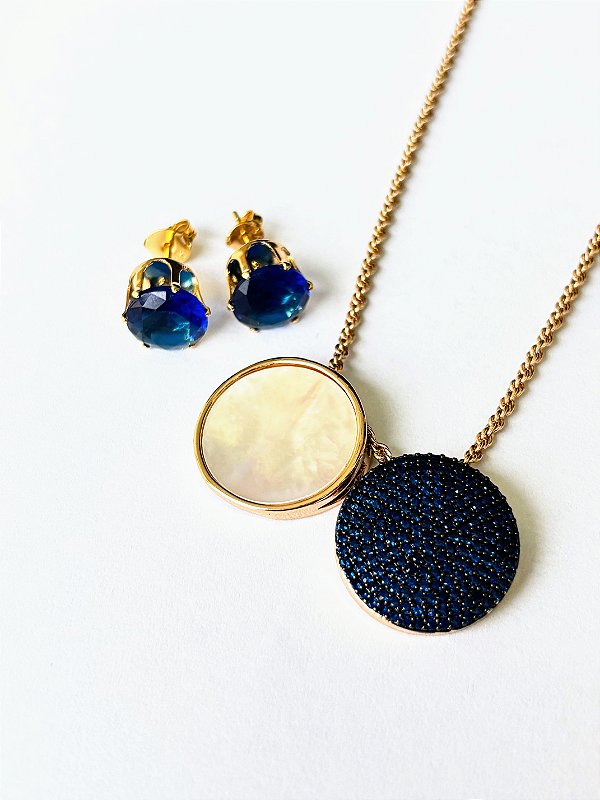 Conjunto com pingente duplo, madreperola e microzircrônia azul - Hortênsia