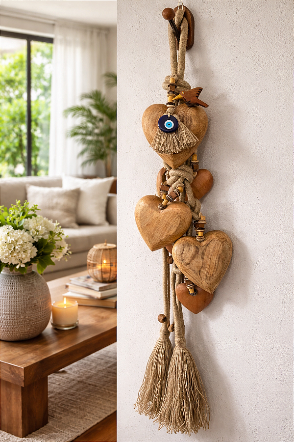 Colar de Mesa/Parede Coração Beija Flor Olho Grego (1 metro e 15cm de comprimento)