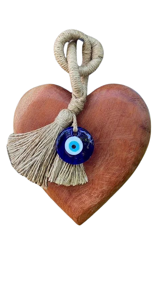 ENFEITE PENDENTE DE PAREDE CORAÇÃO OLHO GREGO NATURAL (25 x 16 x 3cm)