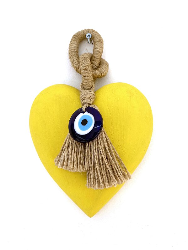 ENFEITE PENDENTE DE PAREDE CORAÇÃO OLHO GREGO AMARELA (25 x 16 x 3cm)