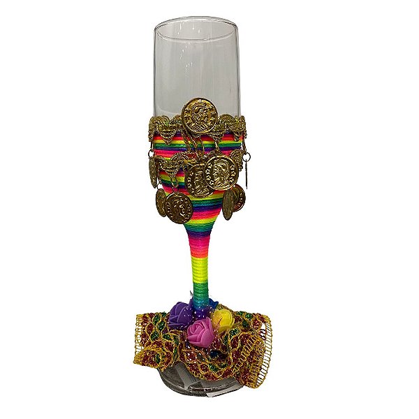 Taça champagne colorida com moedas