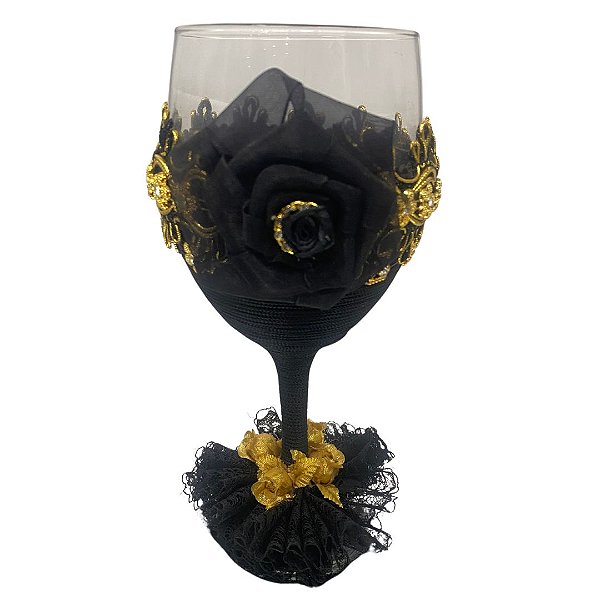 Taça de vinho Preta com Mini Rosa Dourada