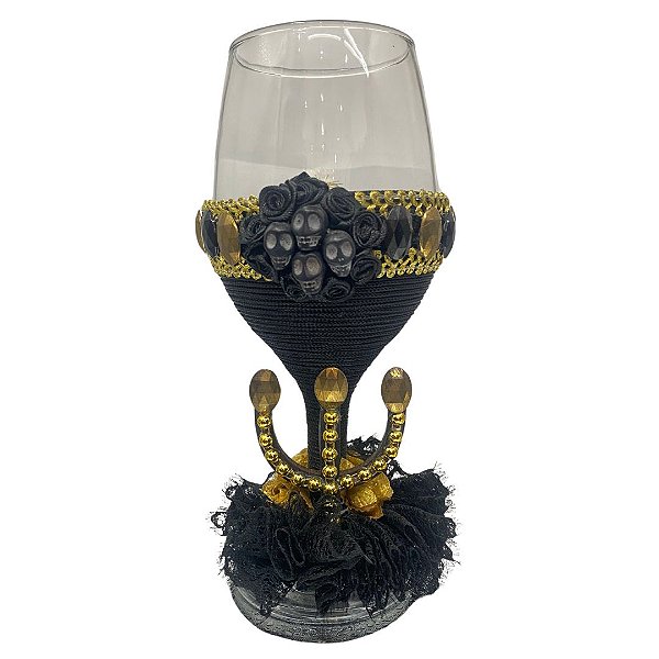 Taça vinho Preta c/ Caveira e Tridente Dourado