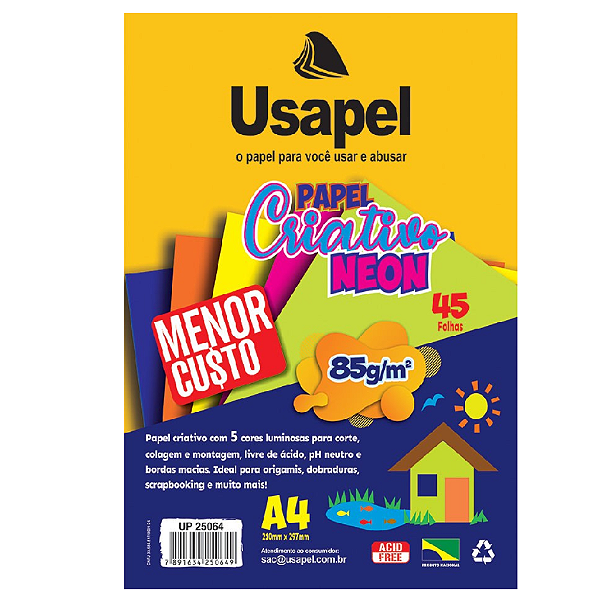 PAPEL CRIATIVO NEON 5 CORES A4 85G 45FLS USAPEL